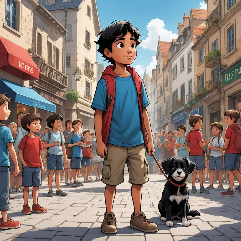 a boy with a dog in front of a crowd of people on a city street with buildings and a crowd of children, magical realism, a storybook illustration, Asaf Hanuka, storybook illustration