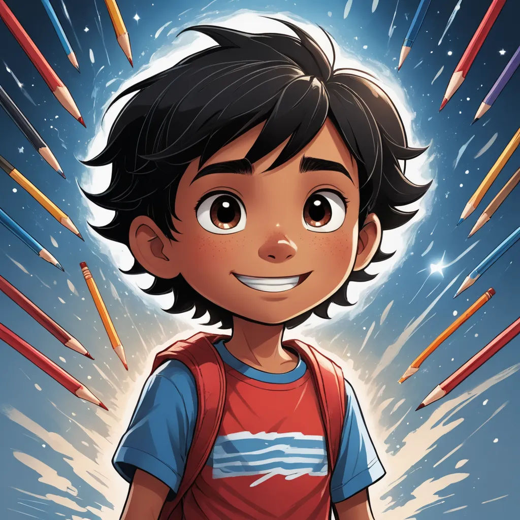a cartoon boy with a bunch of pencils in his hand and a blue shirt on his chest and a red shirt on his chest, space art, a character portrait, Eddie Mendoza, comic cover art