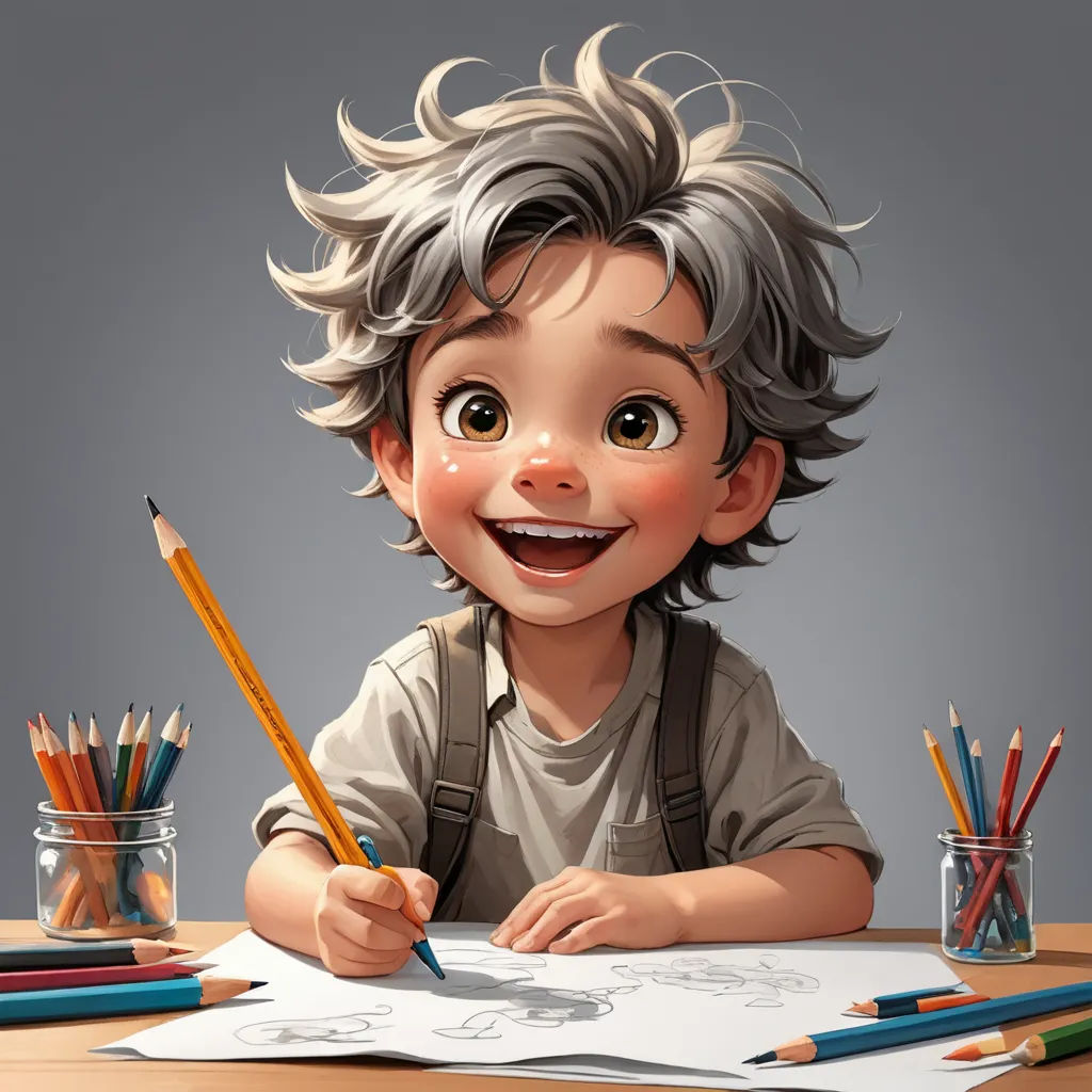 a boy with a pencil and a drawing book on a table with pencils and markers and a jar of pencils, photorealism, a character portrait, Andrey Esionov, stanley artgerm lau