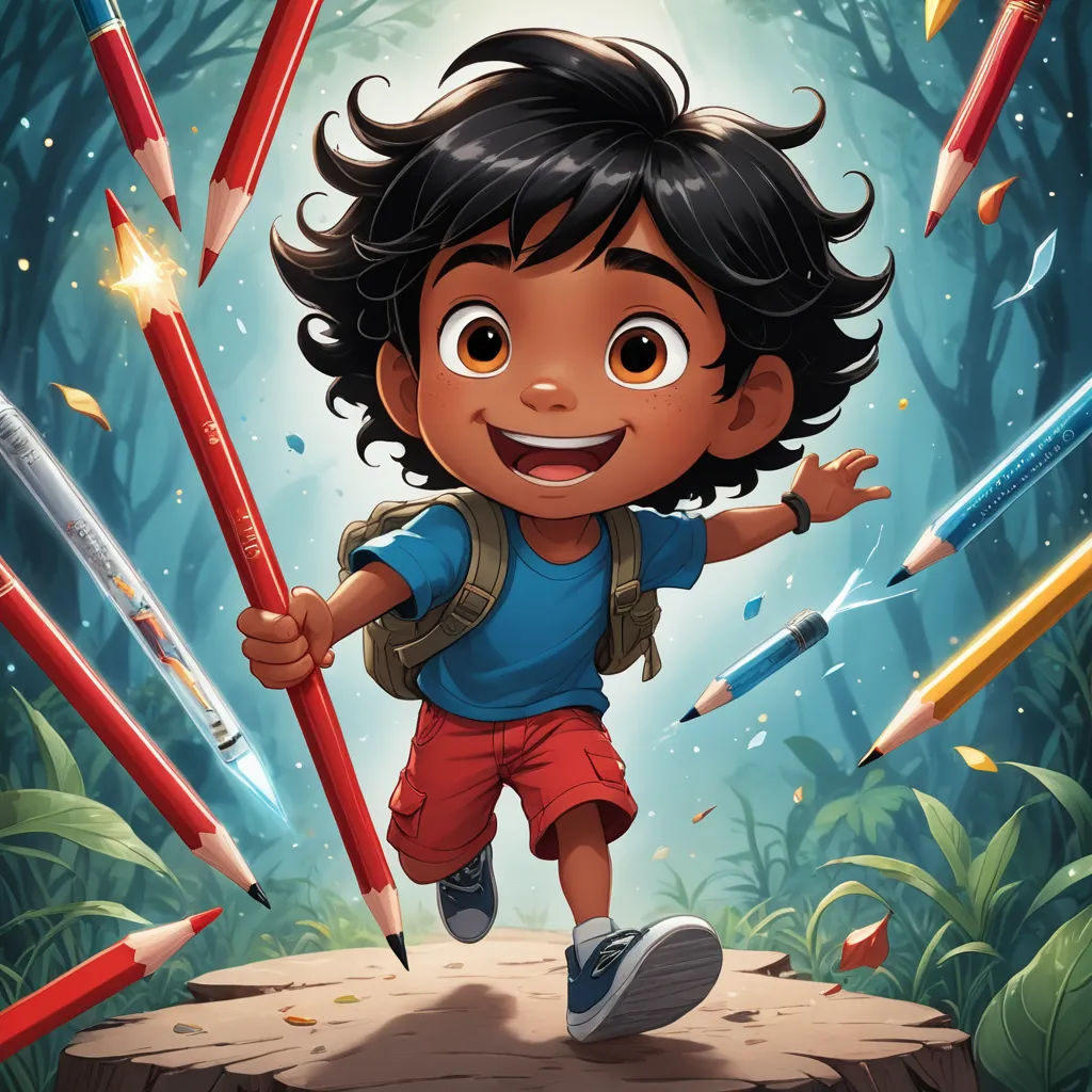 a boy is running with a bunch of pencils in his hand and smiling at the camera while he is holding a pencil, sots art, a character portrait, Alejandro Burdisio, comic cover art