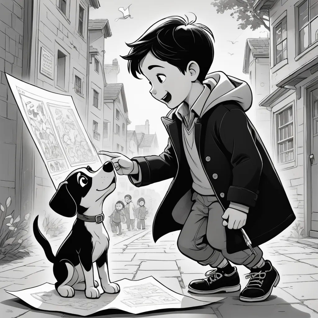 a boy is petting a dog on the street while another boy looks on from the street below him, modern european ink painting, a storybook illustration, Cliff Childs, storybook illustration