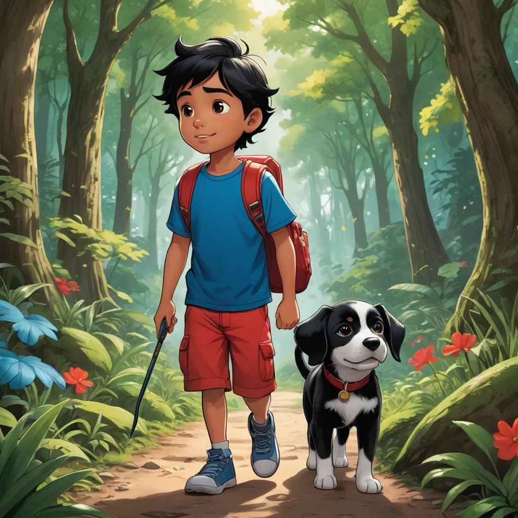 a boy and his dog are walking through the woods together in the daytime sun light, with a forest background, magical realism, a storybook illustration, David Brewster, promotional image