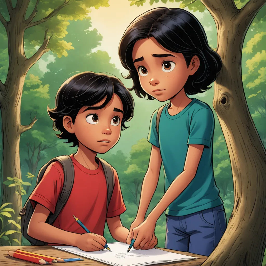 a boy and girl are writing in a book in the woods with trees behind them and a pencil in their hand, serial art, a storybook illustration, Diego Gisbert Llorens, comic cover art