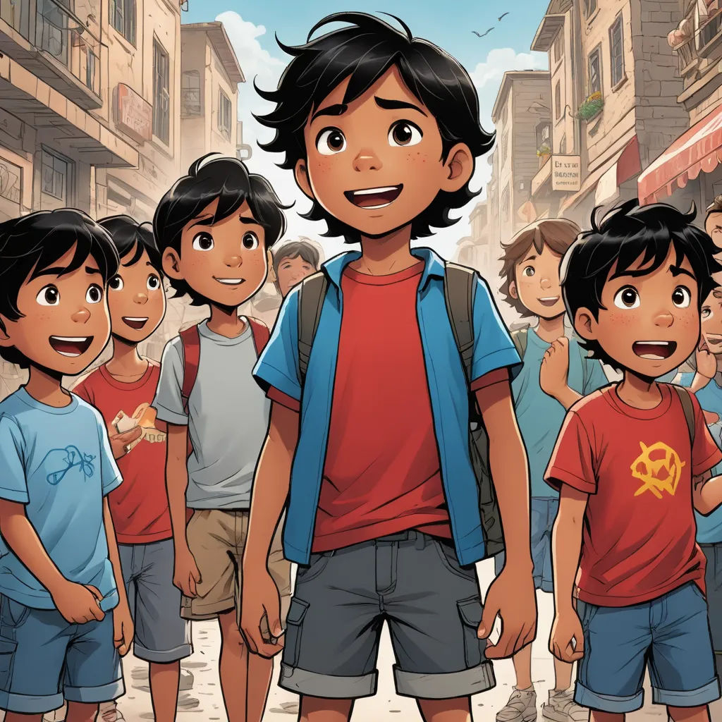 a cartoon of a boy standing in front of a group of children in a city street with buildings in the background, hurufiyya, a comic book panel, Asaf Hanuka, graphic novel