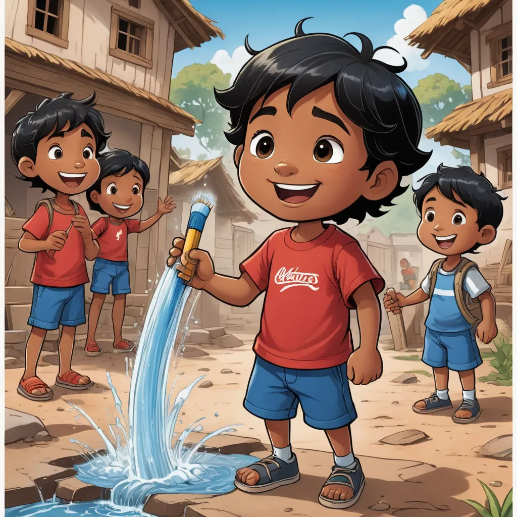 a cartoon of a boy holding a water hose with other children around him and a building in the background, lyco art, a storybook illustration, An Gyeon, official art