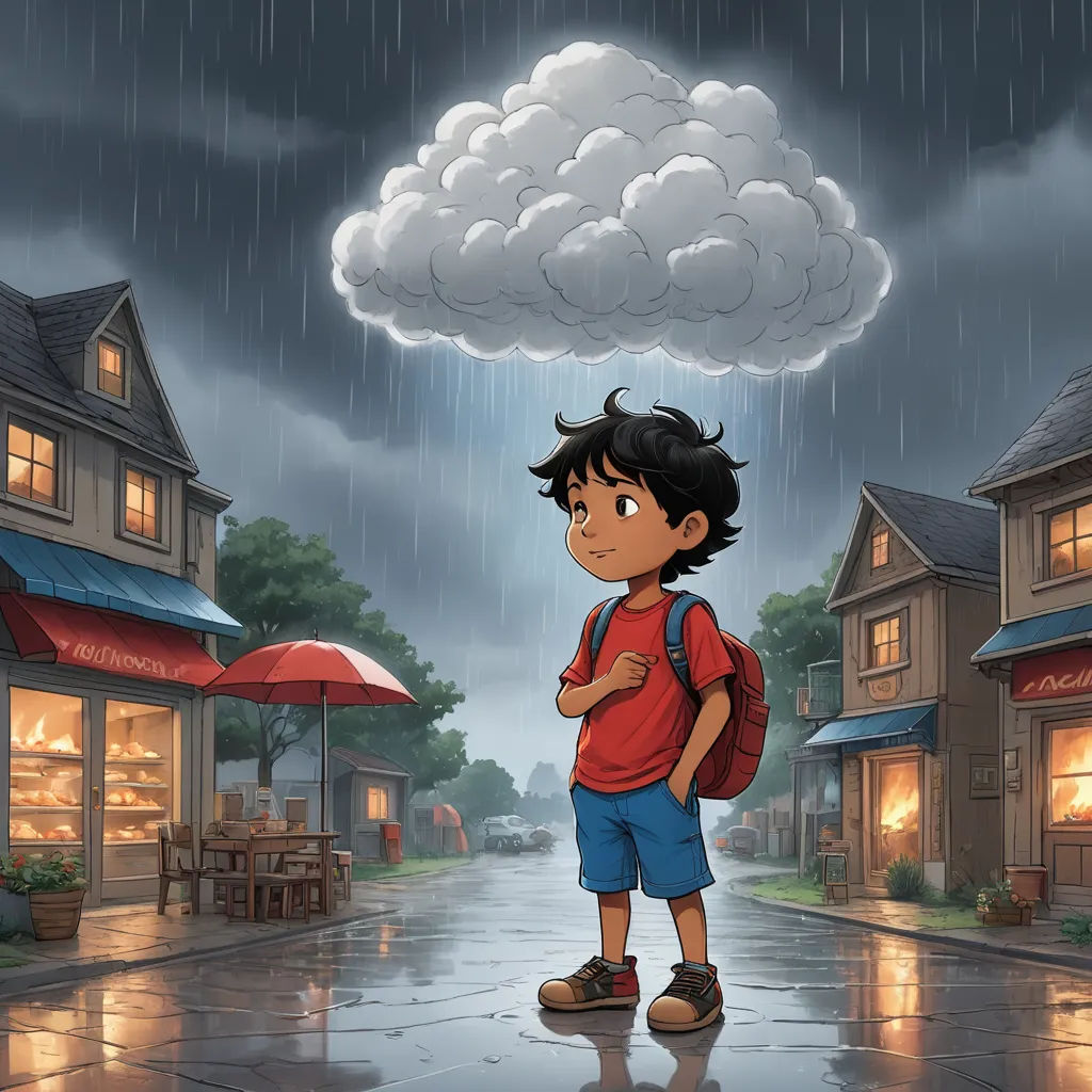 a boy standing in the rain with a cloud above him and a red umbrella over his head and a red shirt on, magical realism, a storybook illustration, Brom, storybook illustration