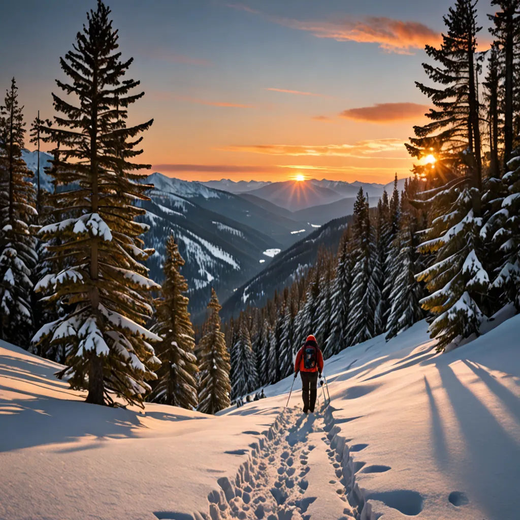 a person walking up a snow covered hill with skis on their feet and a sunset in the background, art photography, a stock photo, Carl Critchlow, award-winning photograph