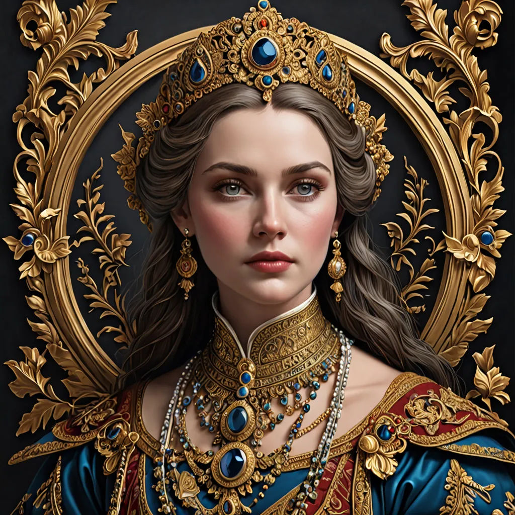 a painting of a woman wearing a gold and blue outfit and a necklace with a gold frame around her neck, qajar art, a detailed painting, Donato Giancola, highly detailed digital painting