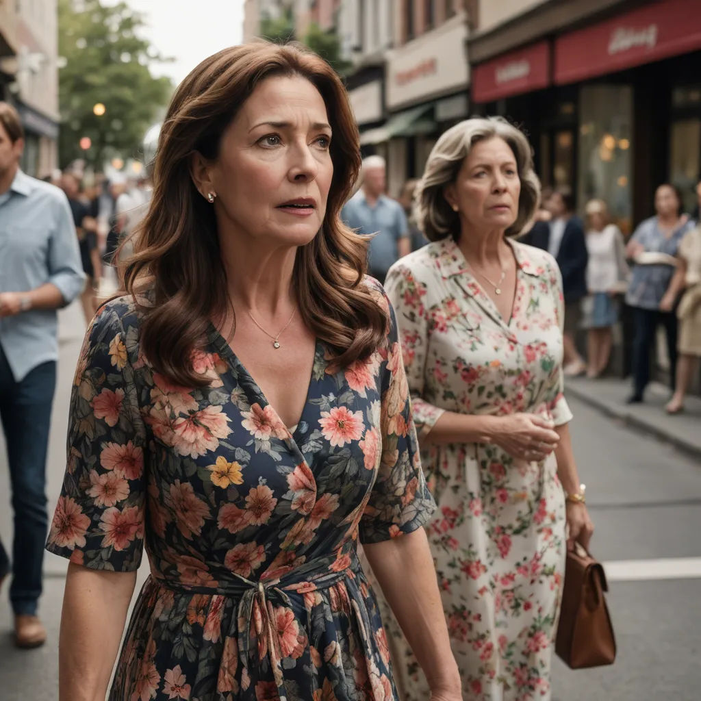 a woman in a floral dress walking down a street with other people in the background on a city street, kitsch movement, a poster, Elizabeth Forbes, promotional image
