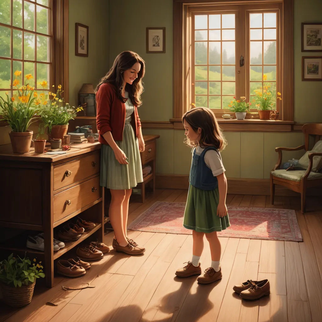 a woman and a little girl standing in a room with a dresser and a window in the background and a rug on the floor, american scene painting, a storybook illustration, Bob Byerley, promotional image