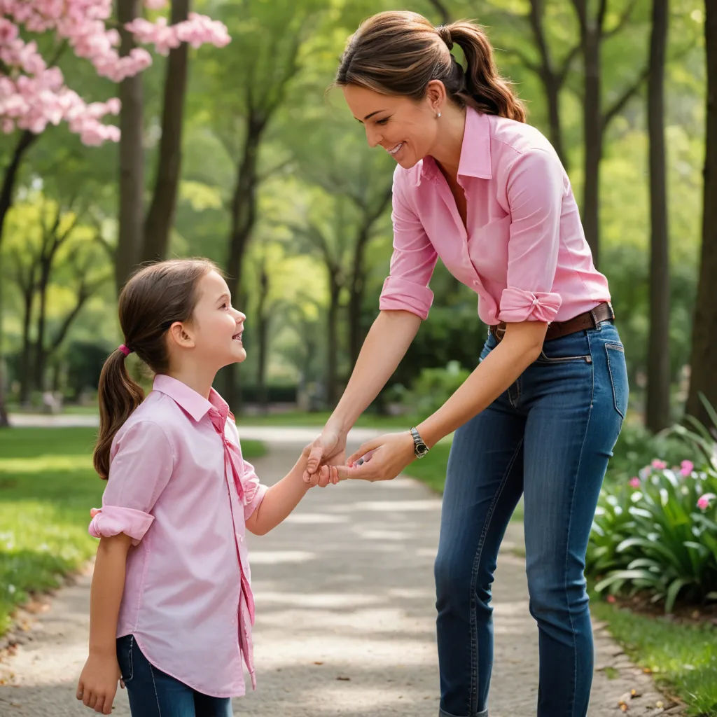 a woman holding the hand of a little girl in a park with pink flowers on the trees and grass, heidelberg school, a stock photo, Beatrice Huntington, promotional image