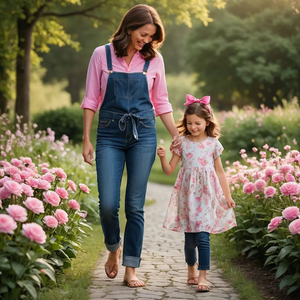 a woman and a little girl walking down a path with pink flowers in the background and a path leading to a park, american impressionism, a stock photo, Ammi Phillips, portrait photography