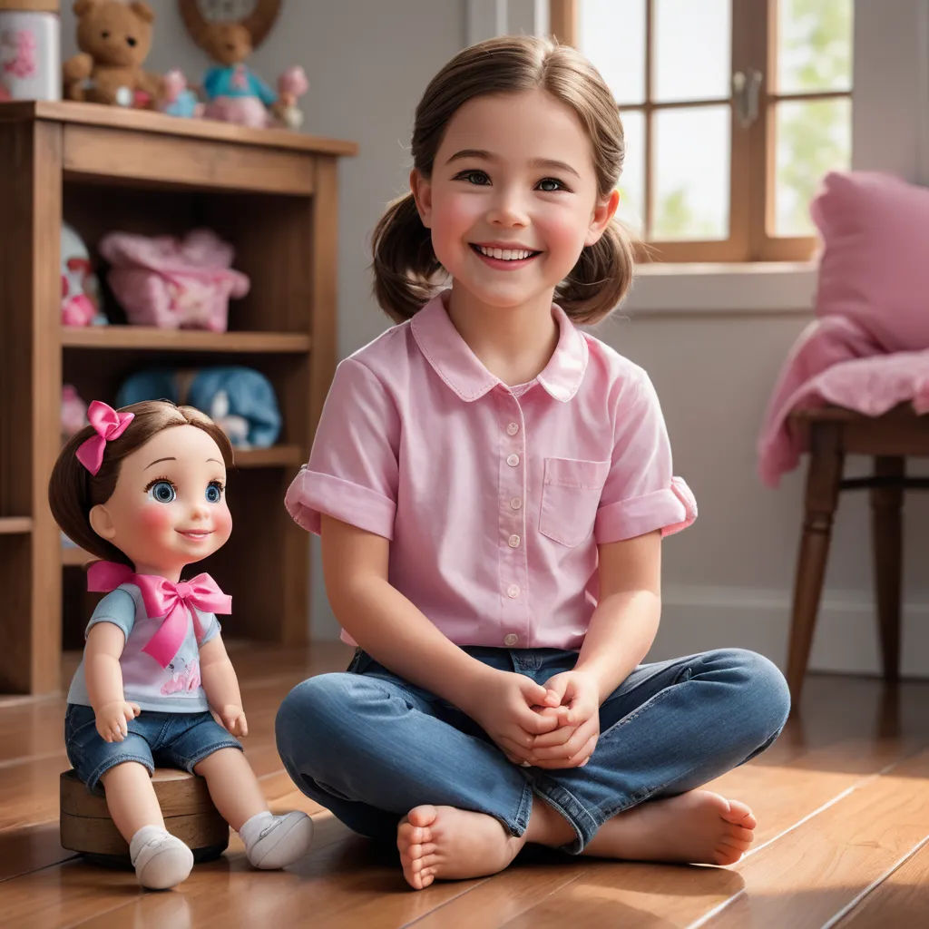 a girl sitting on the floor with a doll next to her on the floor in a room with a bookcase, american barbizon school, a stock photo, Caroline Lucy Scott, promotional image