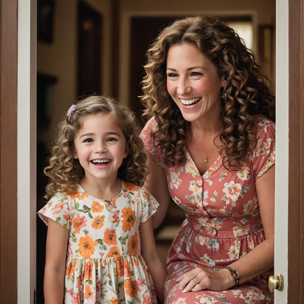 a woman and a little girl are smiling for the camera while sitting on a door step together in a house, hyperrealism, a stock photo, Caroline Lucy Scott, promotional image