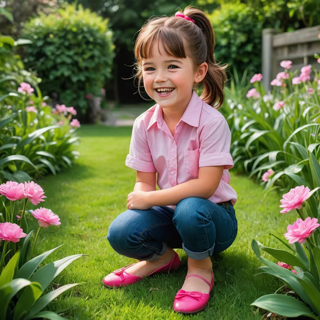 a little girl sitting in the grass with pink flowers in the background and a fence in the background with a wooden fence, naturalism, a stock photo, Annabel Kidston, portrait photography