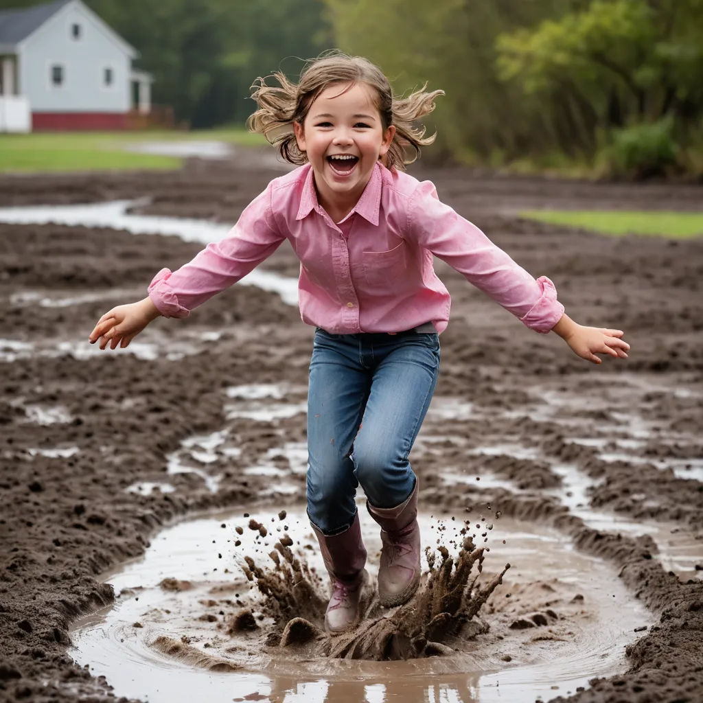 a little girl jumping in a puddle of mud in a field with a house in the background and a house in the background, environmental art, a stock photo, Evaline Ness, portrait photography