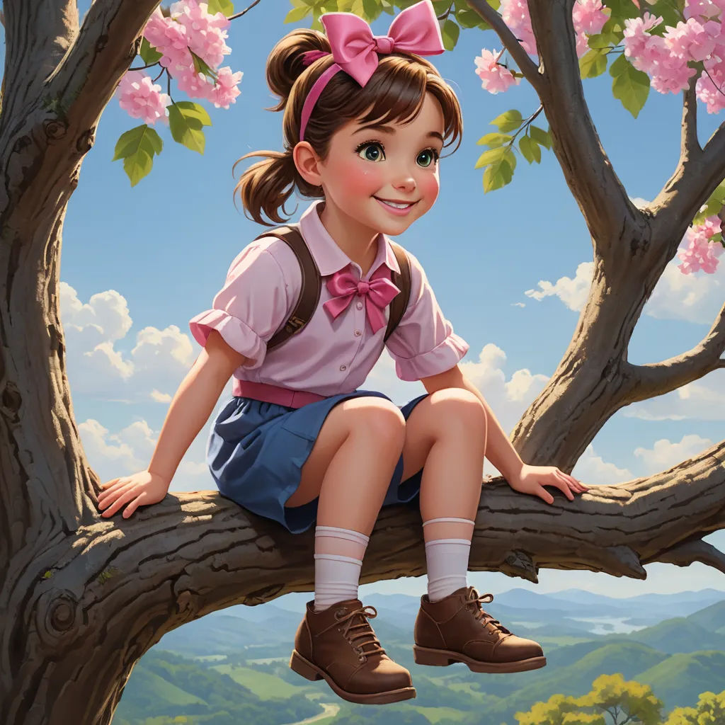 a painting of a girl sitting on a tree branch with a pink bow on her head and a pink shirt on, pop surrealism, a storybook illustration, Alice Prin, cgstudio