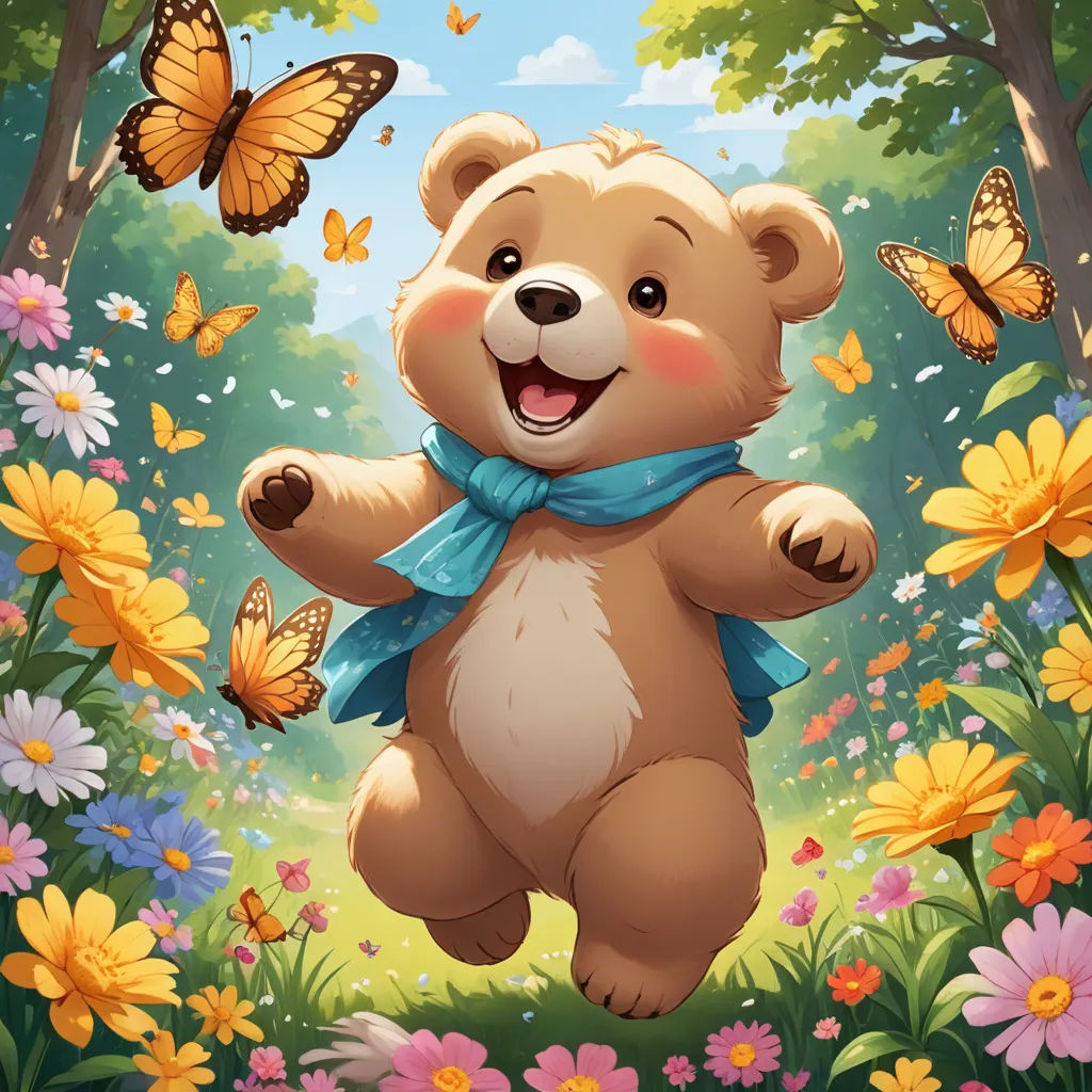 a brown teddy bear standing in a field of flowers and butterflies with a blue scarf around his neck and a butterfly flying above, sots art, a character portrait, Chris Rallis, official art