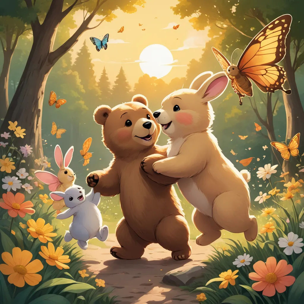 a couple of bears standing next to each other in a forest with a butterfly on the back of them, furry art, a storybook illustration, Chris Rallis, official art