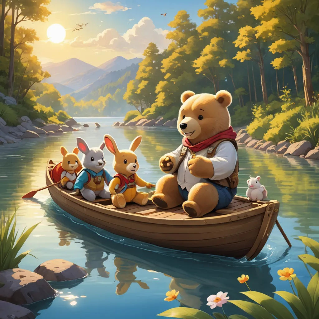 a painting of a bear and four bunnies in a boat on a river with a sunset in the background, furry art, a storybook illustration, Chris LaBrooy, official art