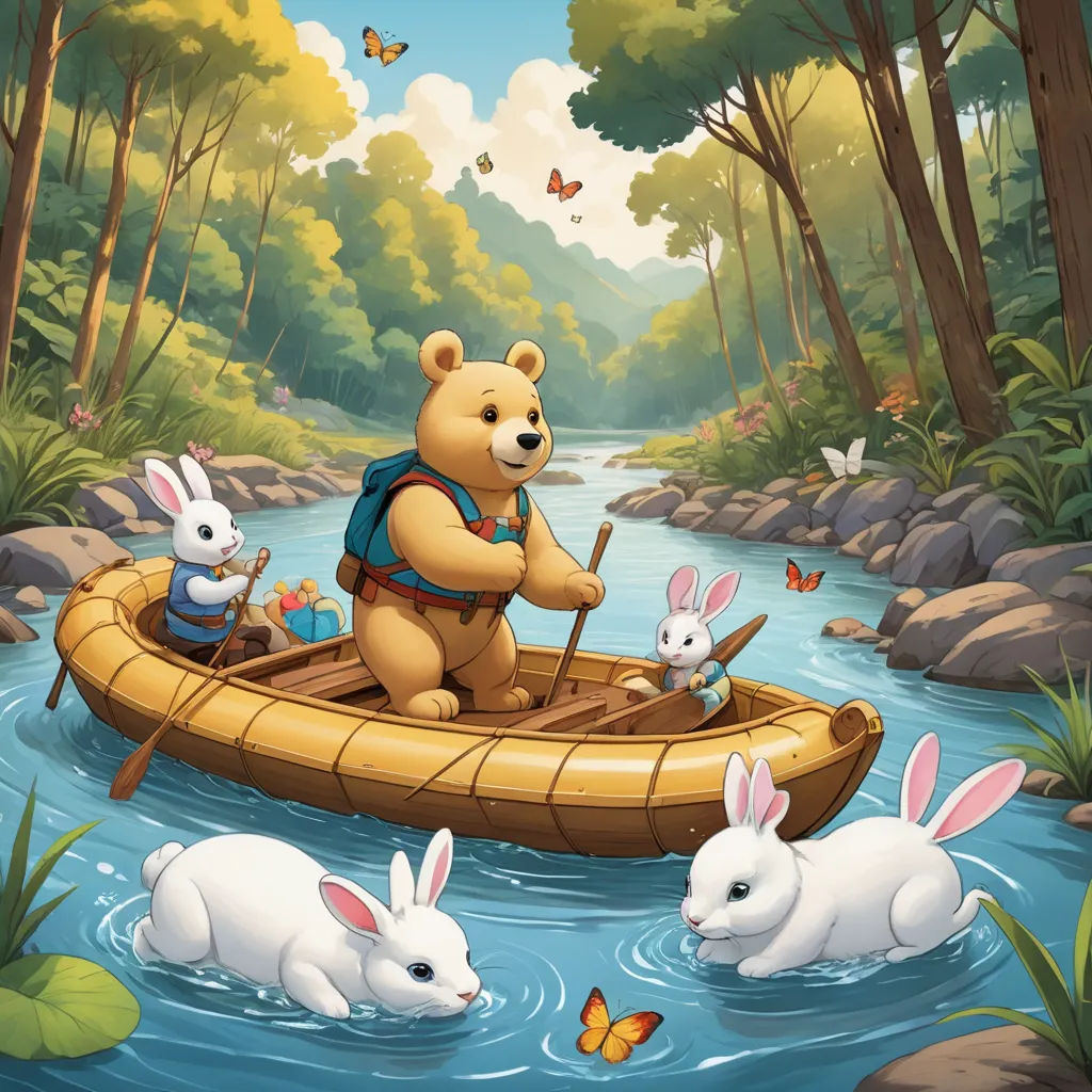a bear and some rabbits are in a boat in the water with a stream and trees in the background, furry art, a storybook illustration, Chris LaBrooy, official art