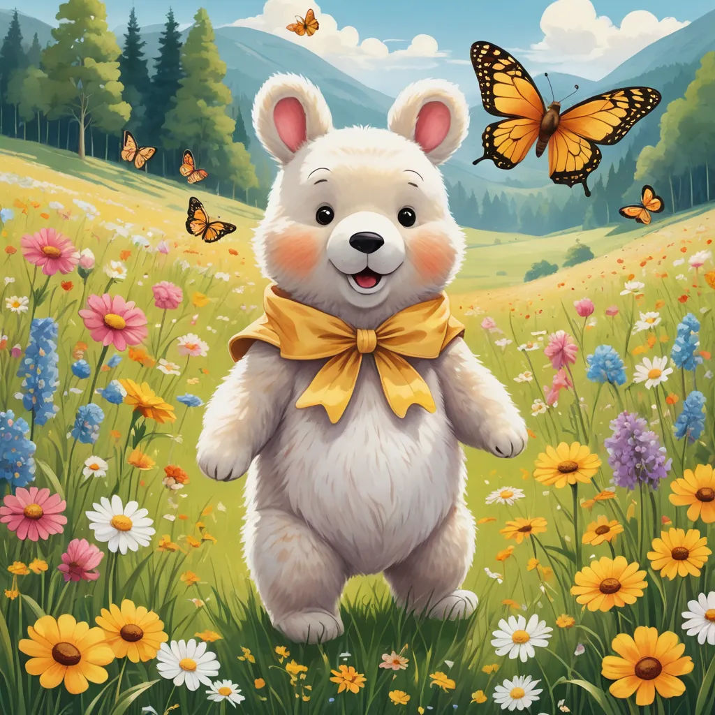 a painting of a white bear with a yellow bow in a field of flowers and butterflies with a butterfly flying above, furry art, a storybook illustration, Chris LaBrooy, official art