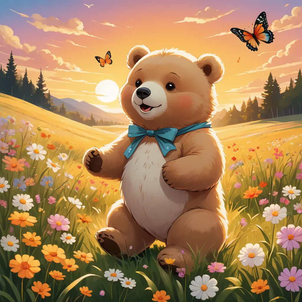 a brown bear standing in a field of flowers with a butterfly flying above it and a sunset behind it, fantasy art, an airbrush painting, Chris LaBrooy, magic the gathering artwork