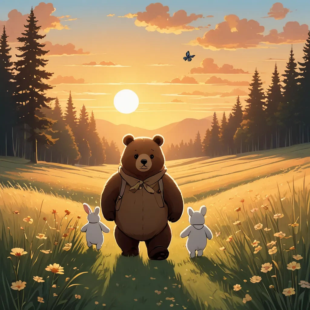 a bear and two rabbits in a field at sunset with a bird flying overhead in the background and a bird flying overhead, furry art, a storybook illustration, Atey Ghailan, official art