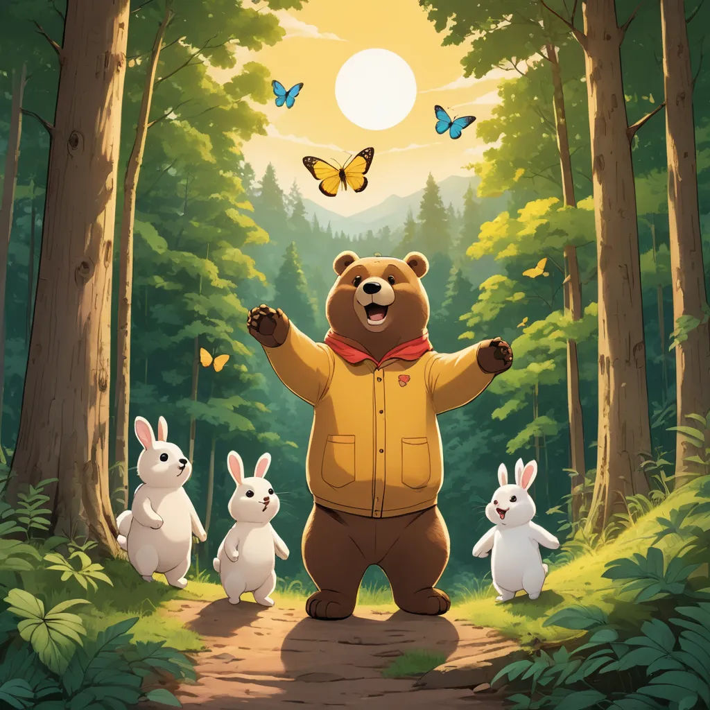 a bear standing in the middle of a forest with rabbits and a butterfly flying above him and a forest scene with butterflies and a sun, sots art, a storybook illustration, Dan Mumford, official art