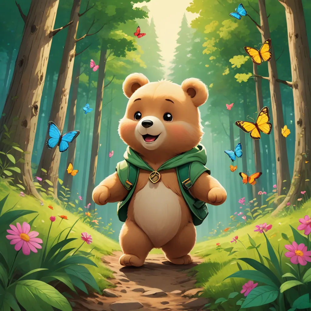 a brown bear standing in a forest with butterflies around him and a green scarf around his neck and a green scarf around his neck, sots art, a character portrait, Chris LaBrooy, magic the gathering artwork