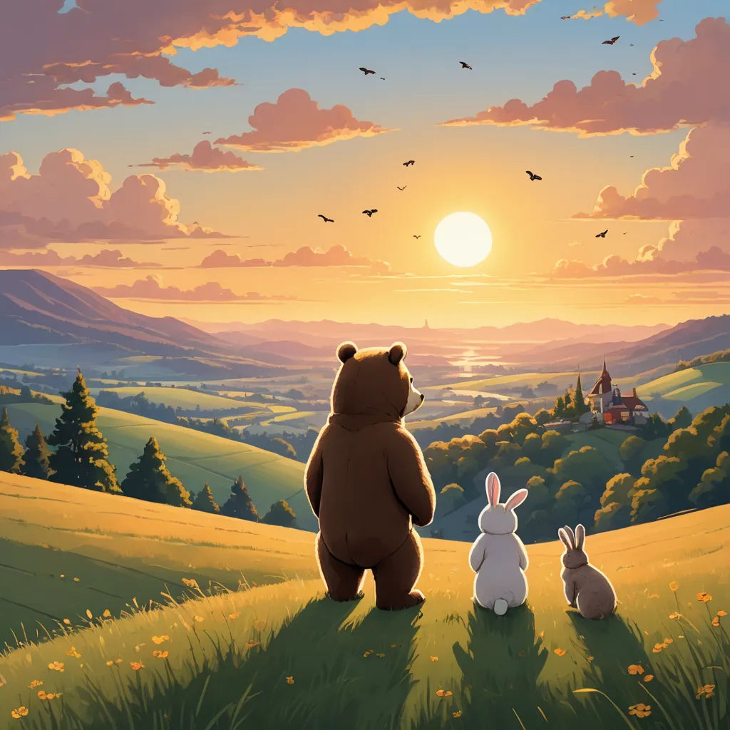 a painting of a bear and bunny looking at the sunset over a valley with a castle in the distance, furry art, a storybook illustration, Chris LaBrooy, storybook illustration