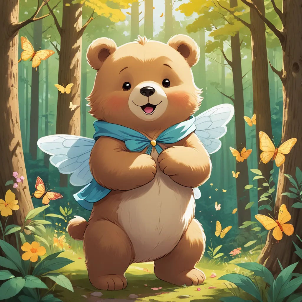 a bear with wings standing in the woods with butterflies around it's neck and smiling at the camera, altermodern, a character portrait, Chris Rallis, official art