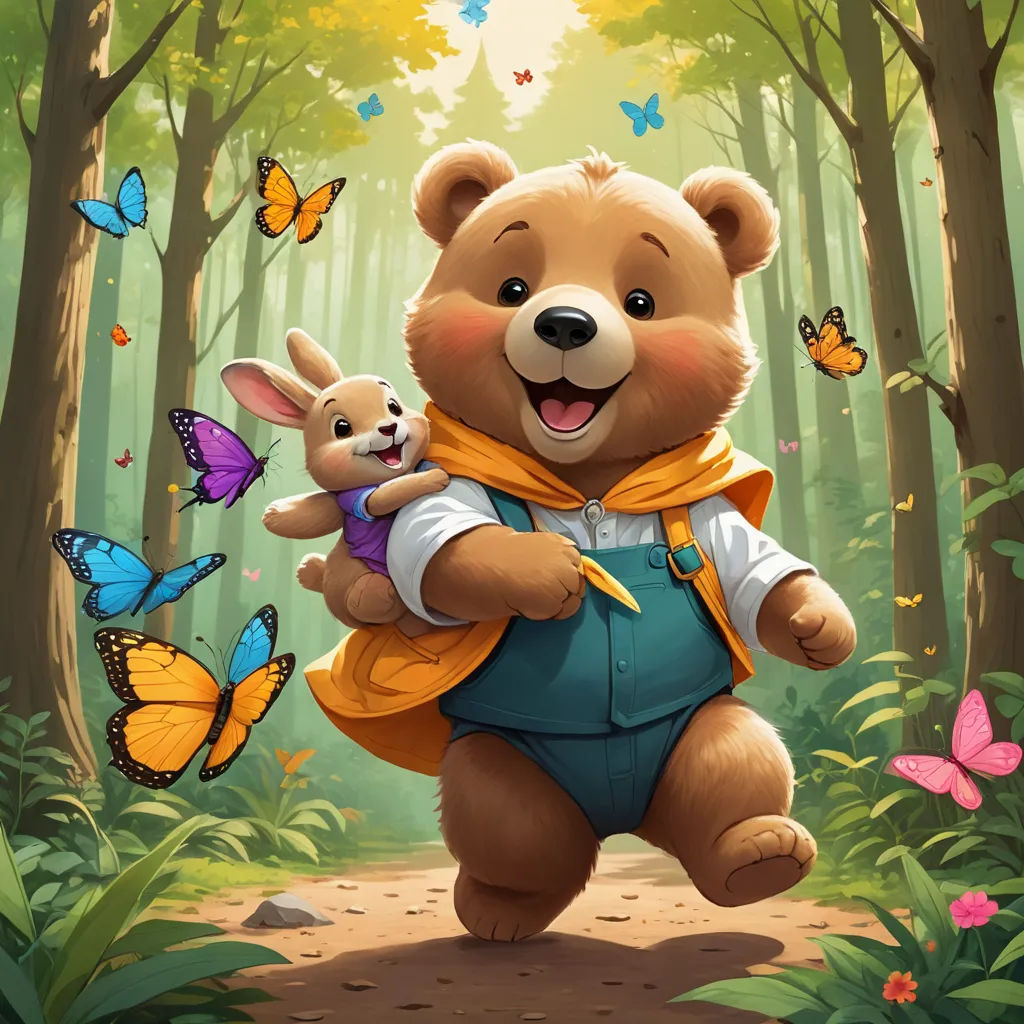 a bear and a bunny are in the woods together, with butterflies flying around them and a forest background, sots art, a storybook illustration, Chris Rallis, official art