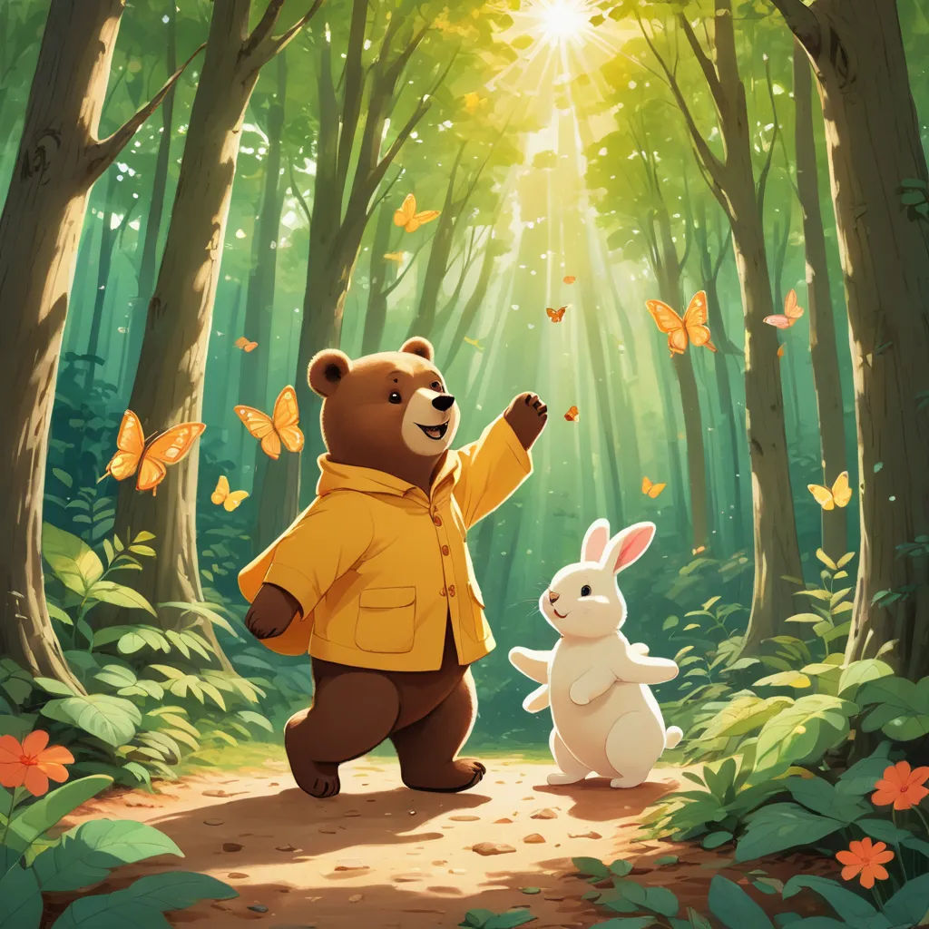a bear and a bunny are in the woods together, with a butterfly flying overhead in the background,, furry art, a storybook illustration, Colin Middleton, official art