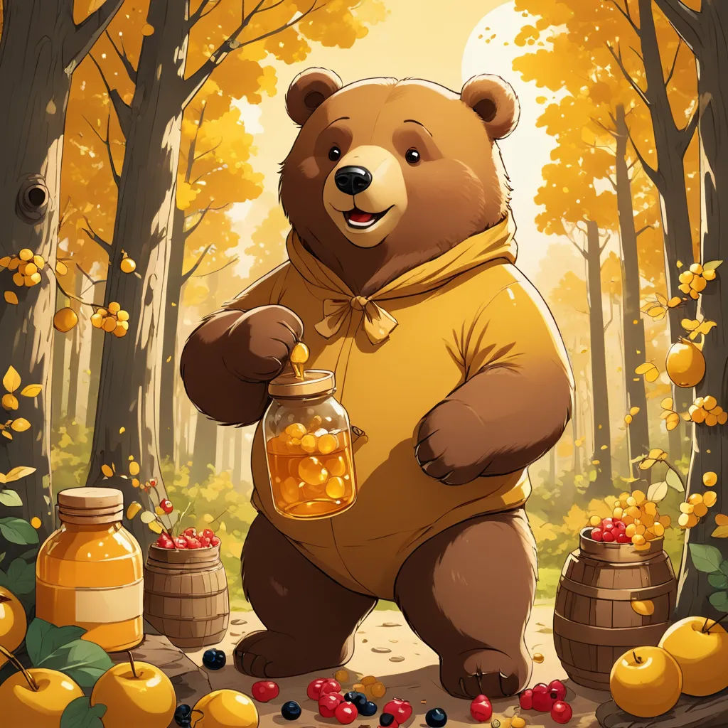 a bear with a jar of honey in a forest with apples and honey jars on the ground and a tree with yellow leaves, furry art, a storybook illustration, Chris LaBrooy, trending on art station
