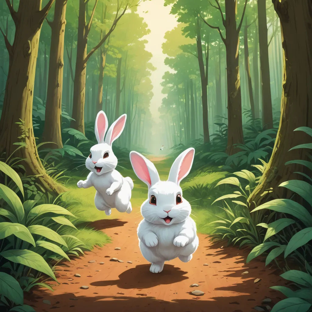 two rabbits running down a path in the woods with trees and grass behind them, with sunlight streaming through the trees, furry art, a storybook illustration, Chris LaBrooy, rossdraws global illumination
