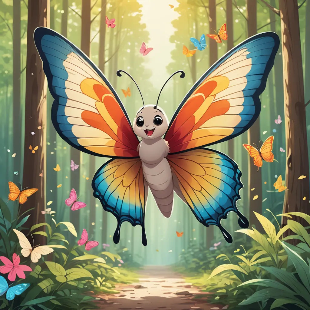 a butterfly flying in the air over a forest with butterflies around it and a path leading to the forest, fantasy art, a storybook illustration, Chris LaBrooy, official art