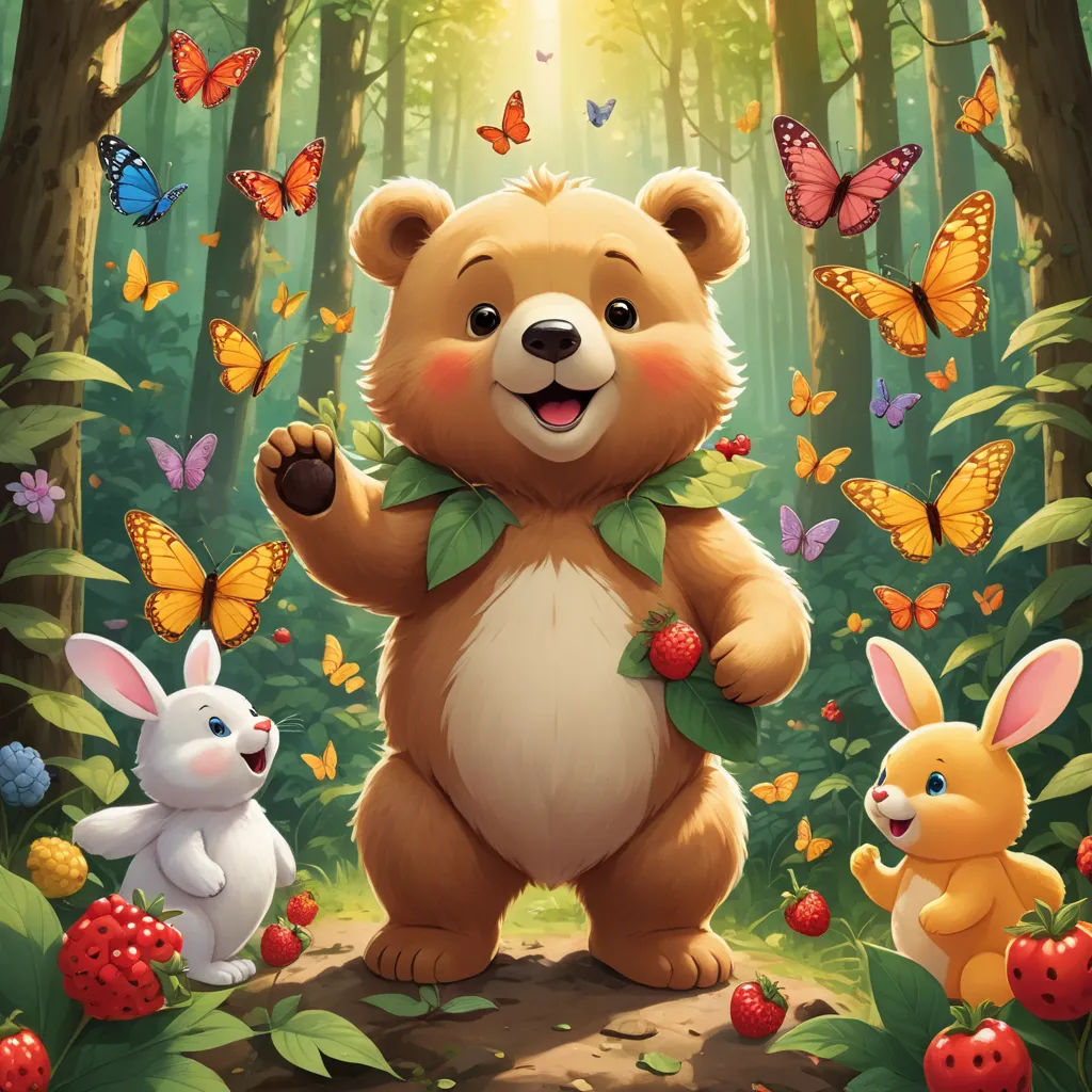 a bear and two rabbits in a forest with butterflies and butterflies around him, and a butterfly in the background, furry art, a storybook illustration, Chris LaBrooy, official art