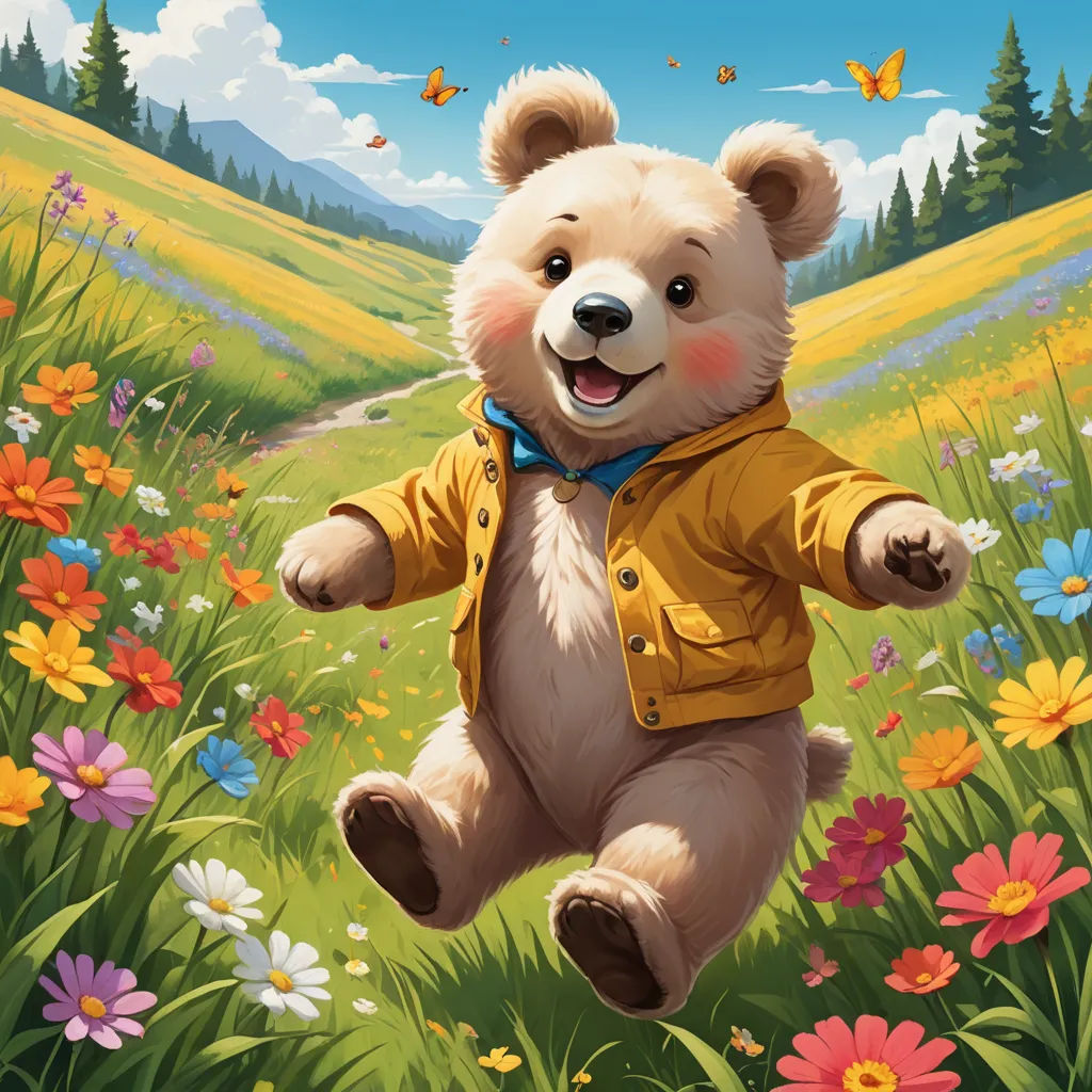 a painting of a teddy bear in a field of flowers and butterflies with a yellow jacket on, and a blue bow tie, altermodern, an ultrafine detailed painting, Chris LaBrooy, magic the gathering artwork