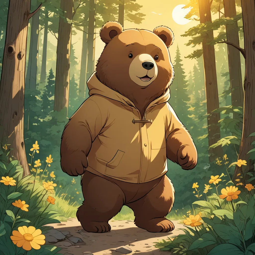 a bear in a parka walking through a forest with flowers and trees in the background, with the sun shining through the trees, furry art, a character portrait, Bob Ross, official art