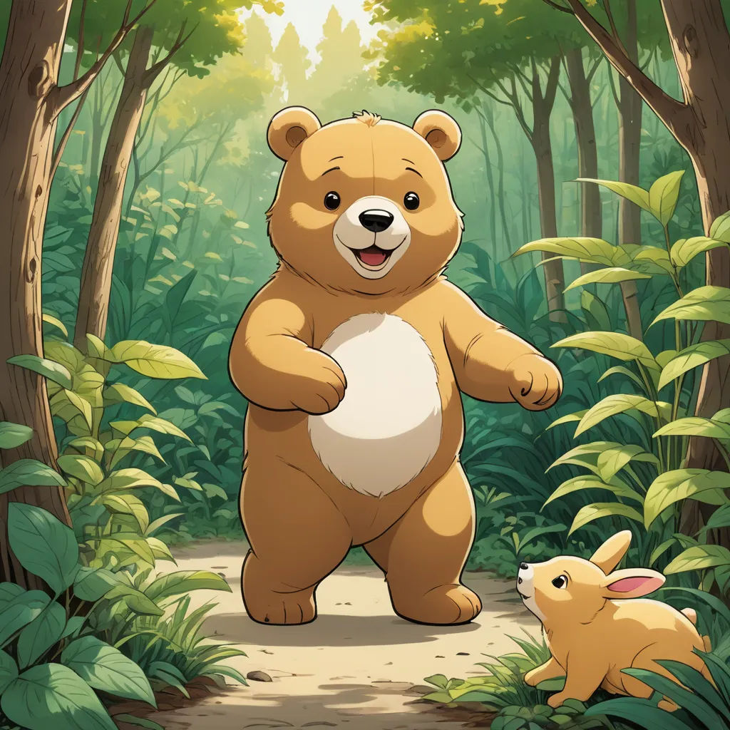a brown bear standing next to a baby bear in a forest with trees and plants behind it and a baby bear sitting on the ground, furry art, concept art, Chris LaBrooy, official art