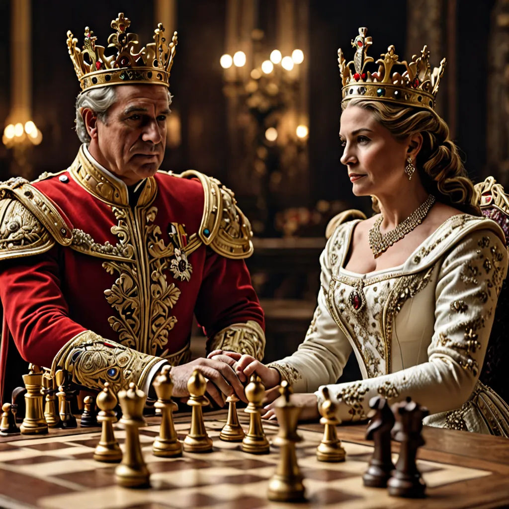 a man and woman in medieval dress playing chess together in a castle setting with chandeliers and chandeliers, maximalism, a flemish Baroque, Altoon Sultan, promotional image