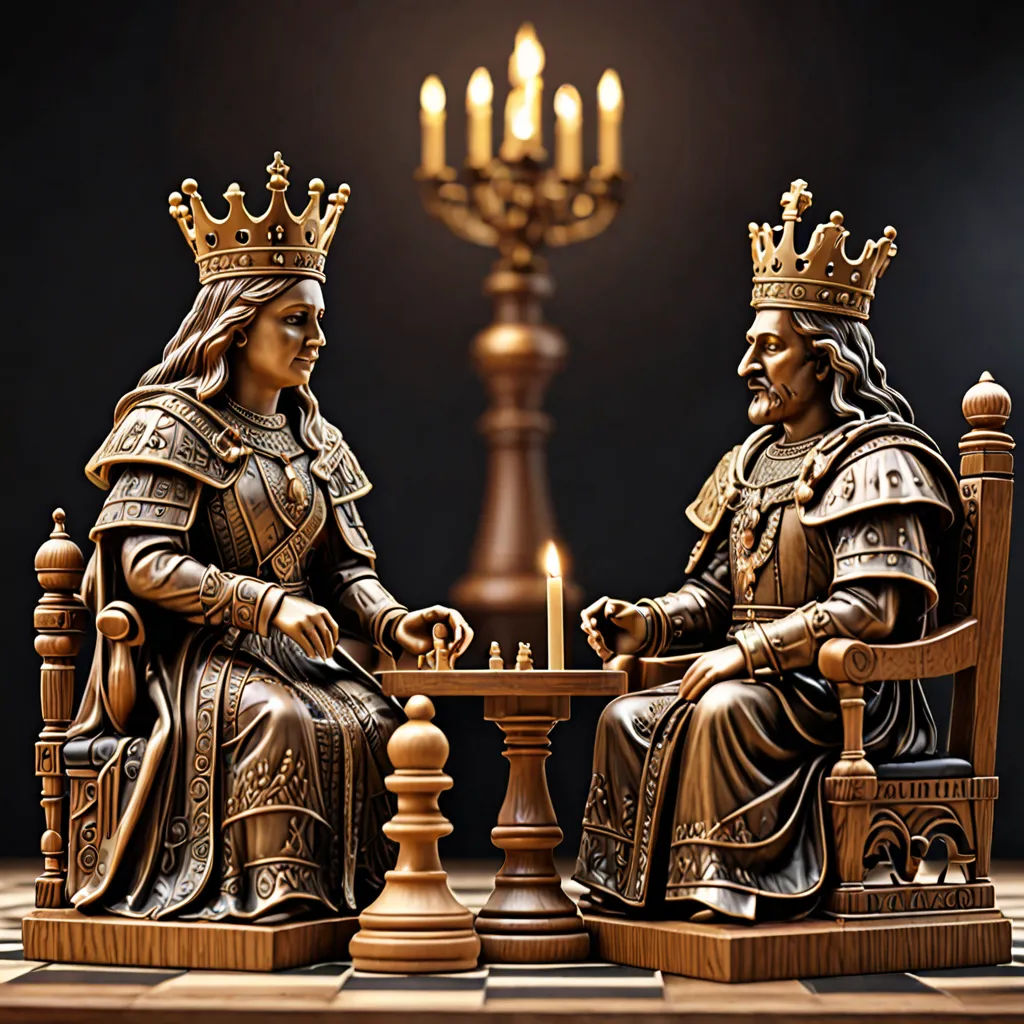 a chess player and a knight are sitting at a table with a candle in the background, with a chandelier in the background, qajar art, a raytraced image, Donato Giancola, 3 d model