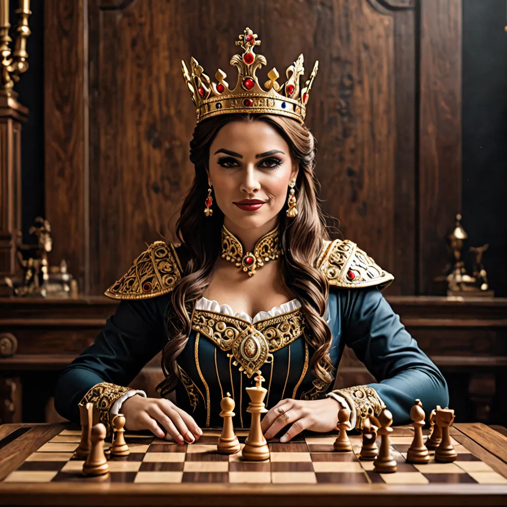 a woman in a crown sitting at a chess board with a chess set on it's side and a chess set on the other side, renaissance, a stock photo, Artur Tarnowski, crown