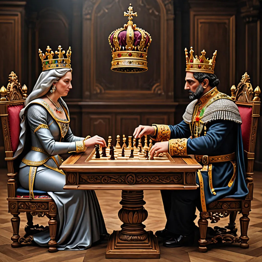 a painting of a man and woman playing chess together in a room with wooden paneling and a chandelier, fantasy art, an ultrafine detailed painting, Cyril Rolando, highly detailed digital painting
