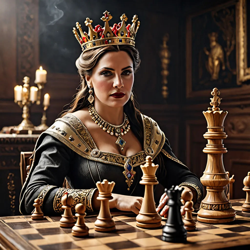 a woman in a crown sitting at a table with chess pieces on it and a chess board in front of her, renaissance, computer graphics, Artur Tarnowski, promotional image