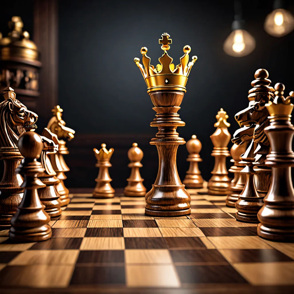 a chess board with a golden crown on top of it and several other pieces on the board, all in gold, incoherents, a 3D render, Enguerrand Quarton, ray traced