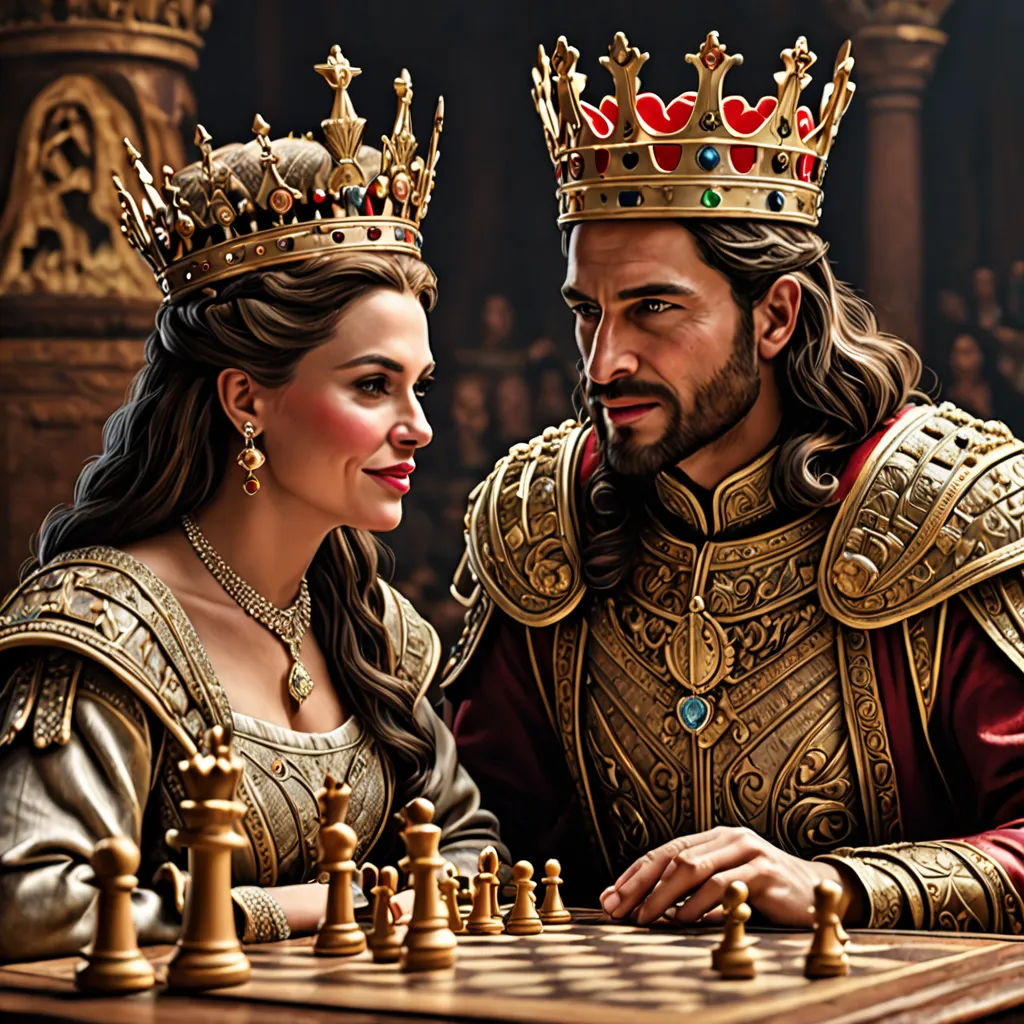 a man and woman in medieval dress playing chess together with a crown on their head and a chess board with pieces of chess on the board, photorealism, a photorealistic painting, Altoon Sultan, highly detailed digital painting