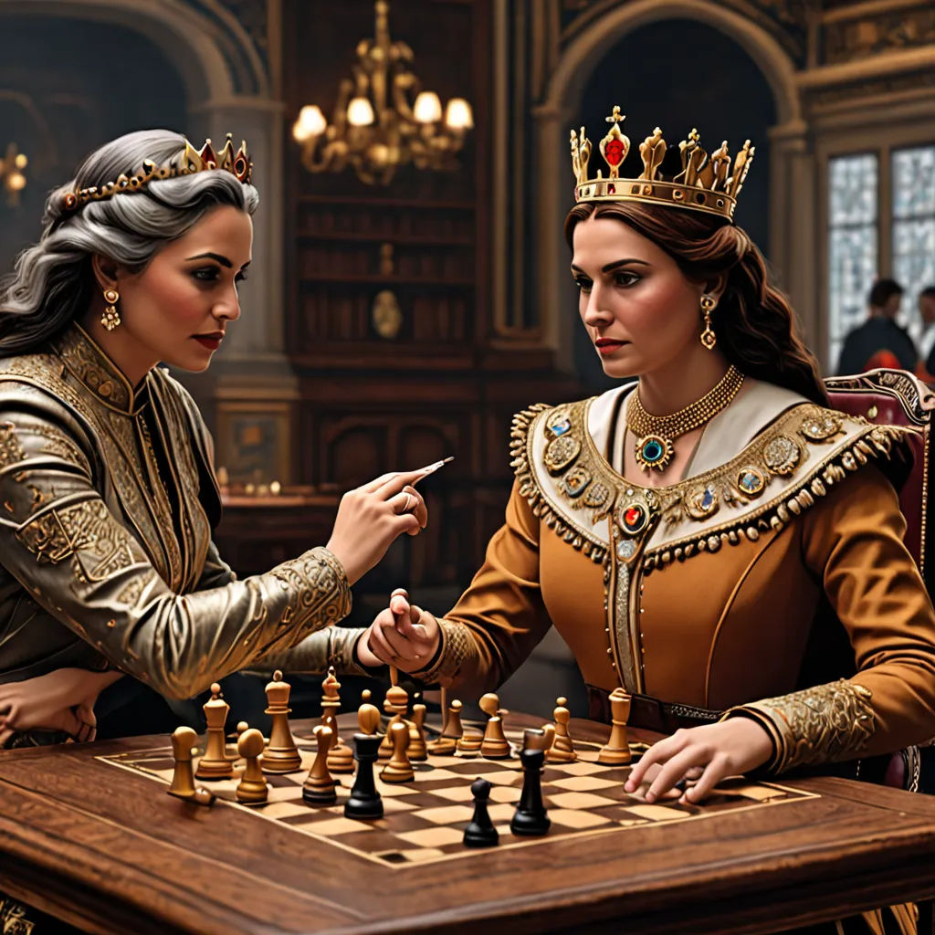a woman playing chess with a man in a crown on her head and a woman in a dress with a crown on her head, fantasy art, a hyperrealistic painting, Donato Giancola, official art