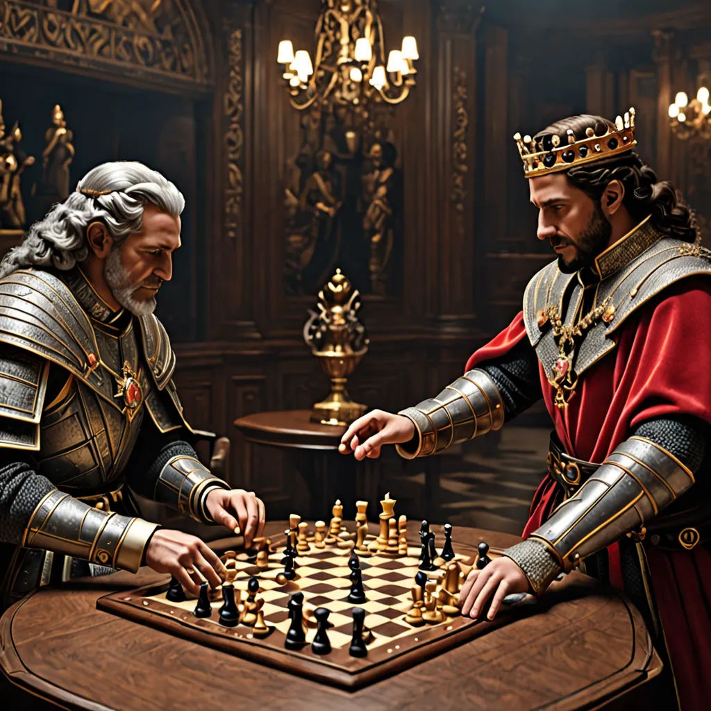 two men in medieval costumes playing chess in a room with chandeliers and chandeliers on the walls, photorealism, a photorealistic painting, Artur Tarnowski, unreal engine render